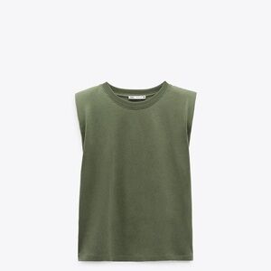 Zara Shoulder Pad Top Green Sleeveless Crew Neck NWT M L